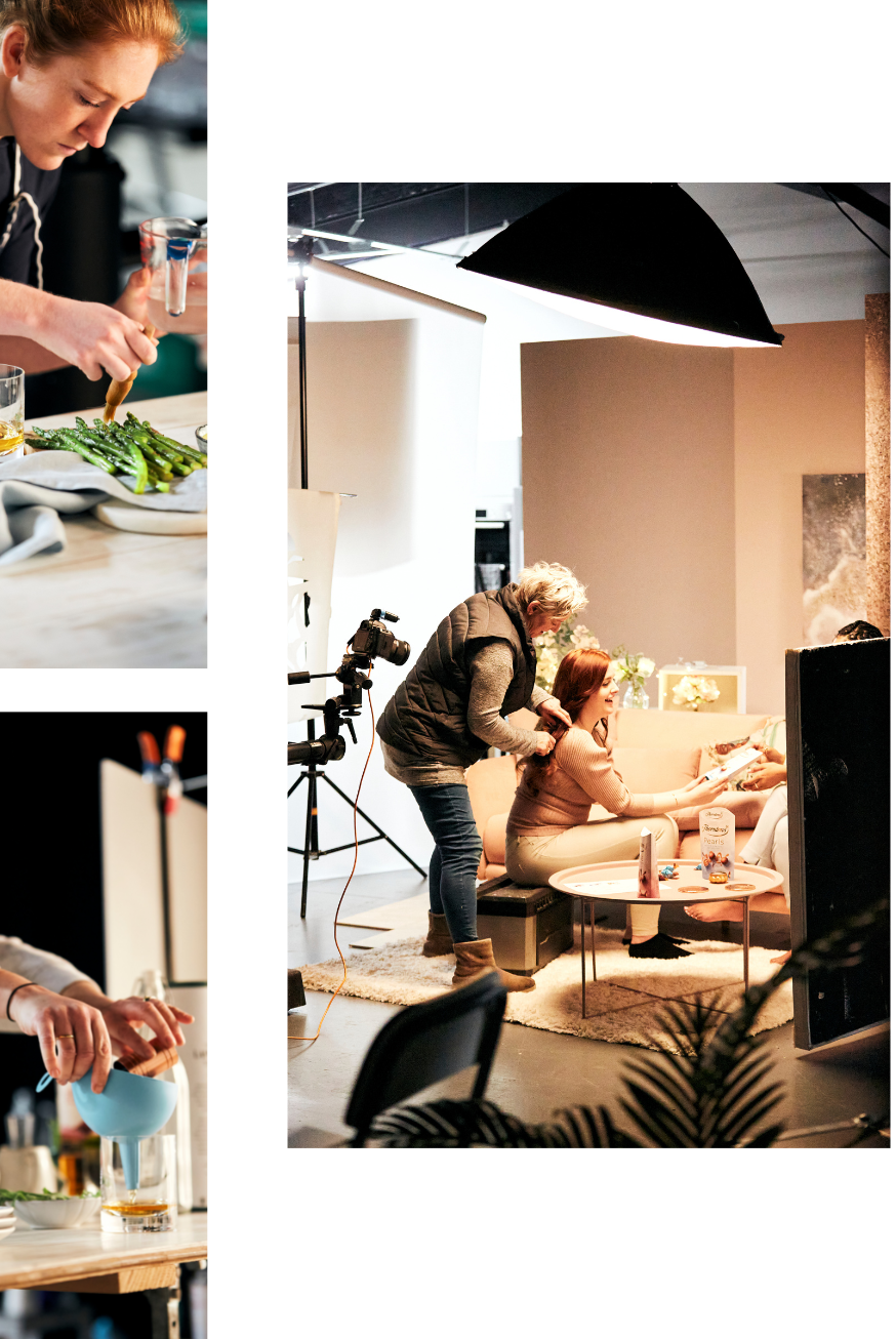 Behind the scenes on studio set, styling model and food