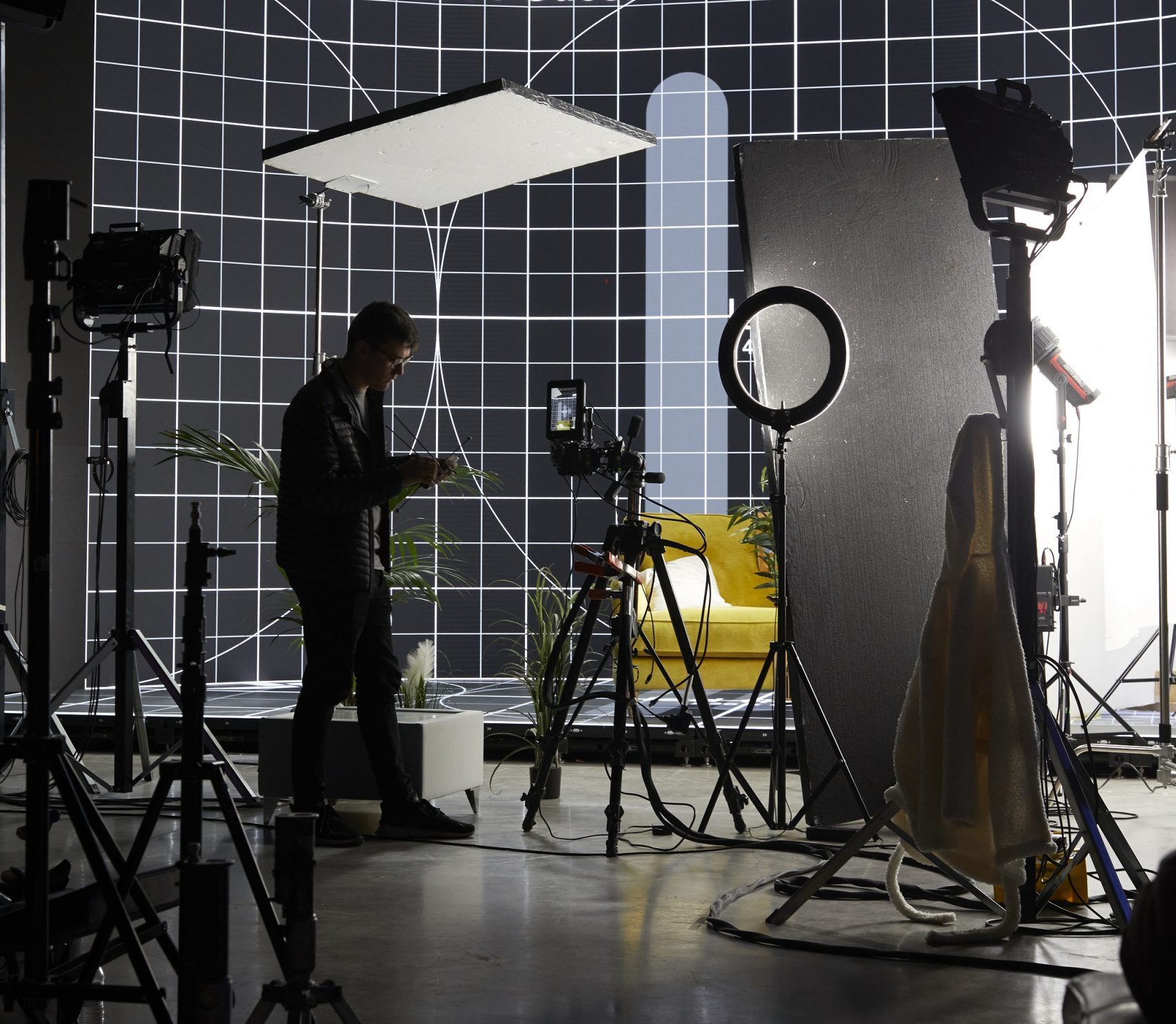 Virtual Reality studio with crew and equipment