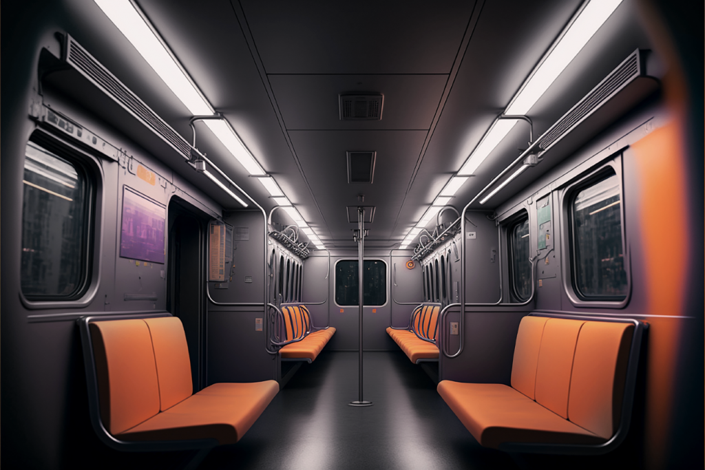 AI imagery by Midjourney, bus scene with orange seats