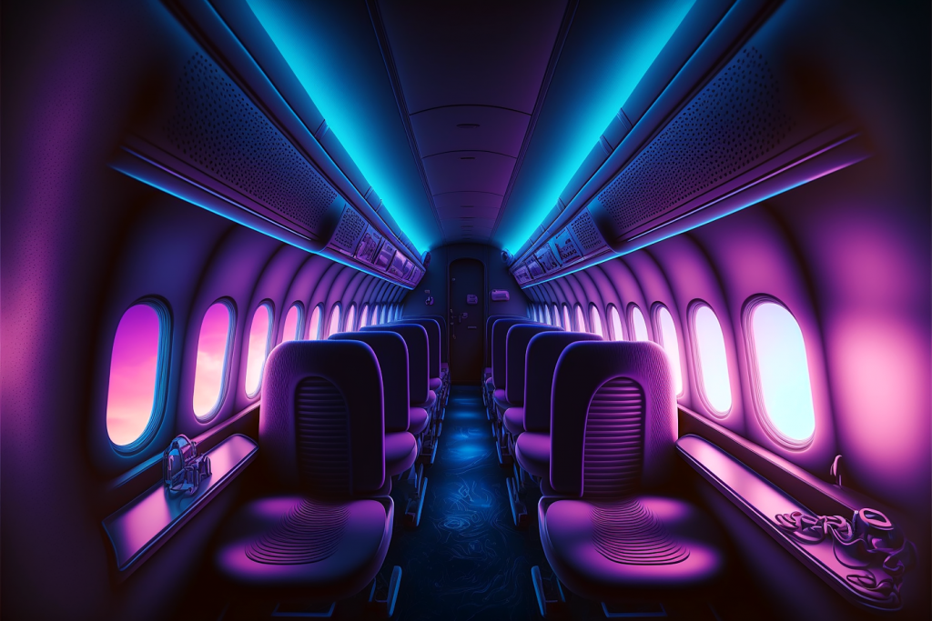 AI imagery by Midjourney, plane scene with purple tones