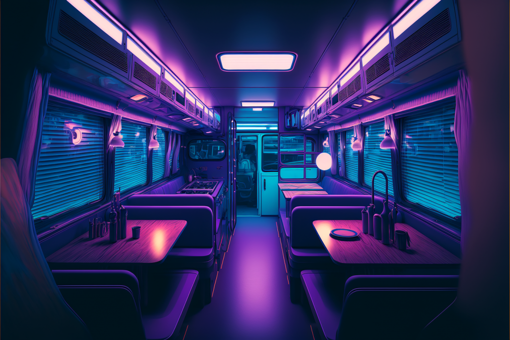AI imagery by Midjourney, train scene with purple tones