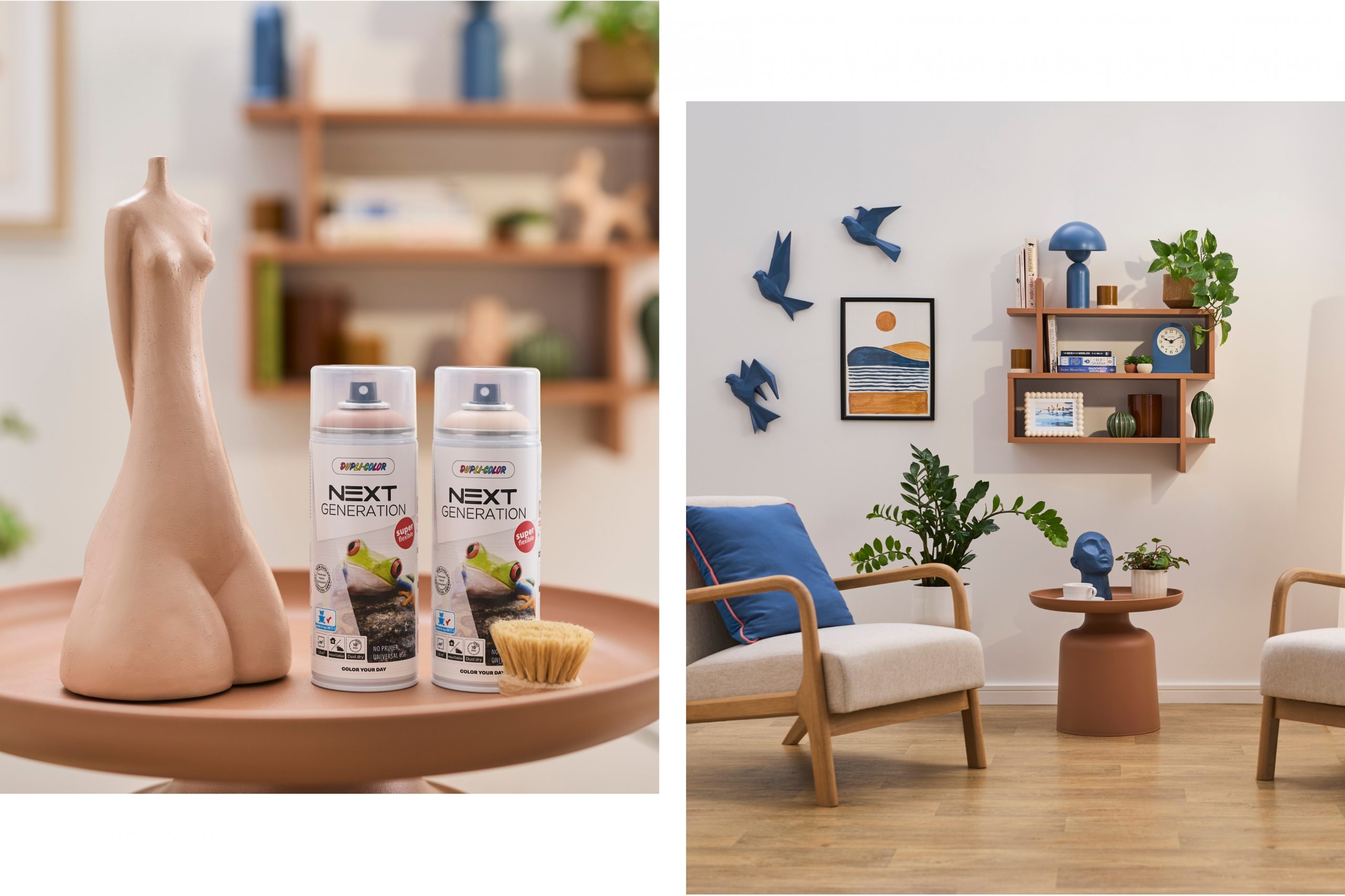 Two images one including two cans of Dupli-Color spray paint on a table. The second image is a living room environment.
