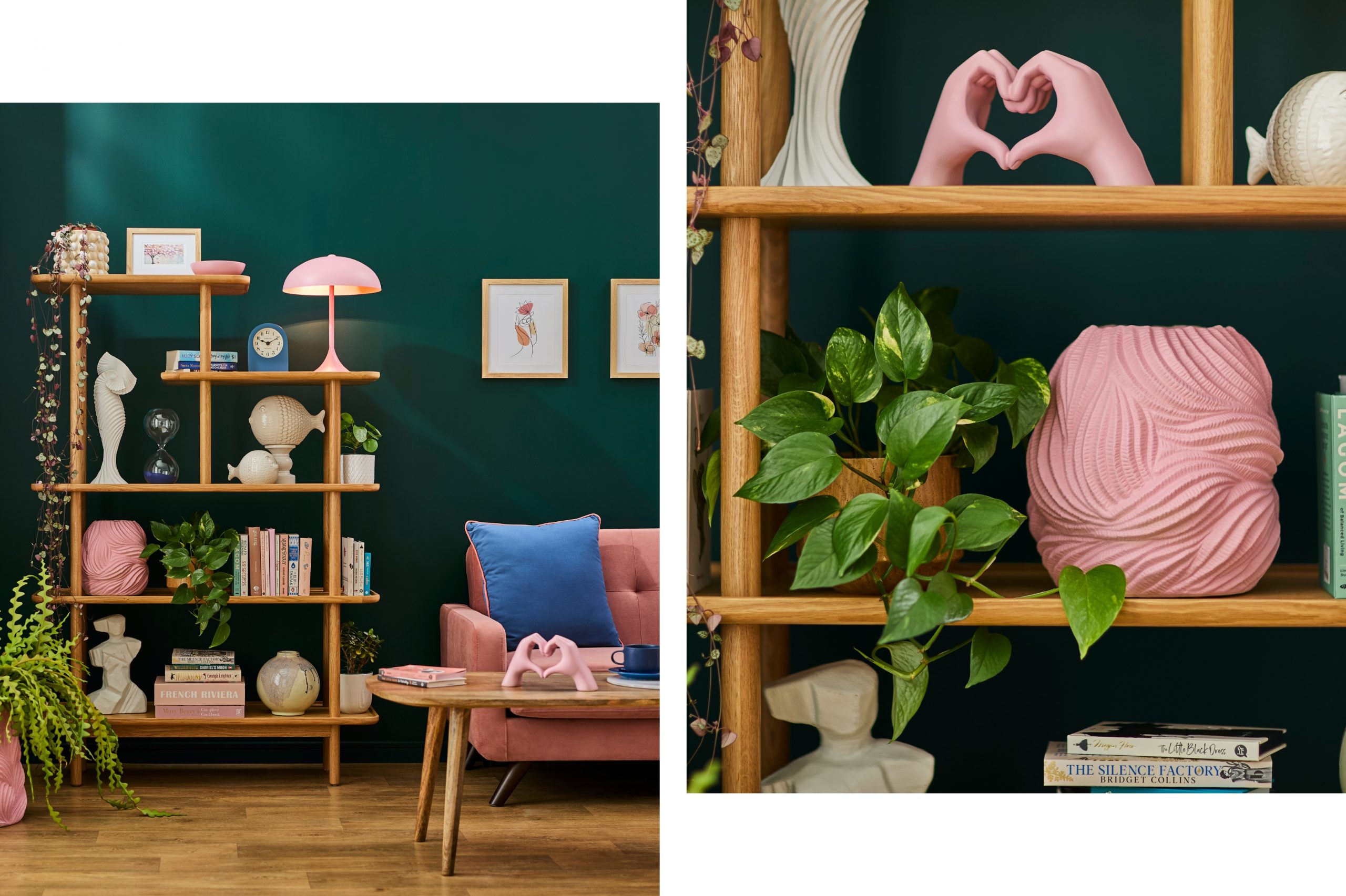 Two images the left includes a living room set up with a pink sofa and green wall. The right image includes a close up of shelving with plants and spray painted vases on it.