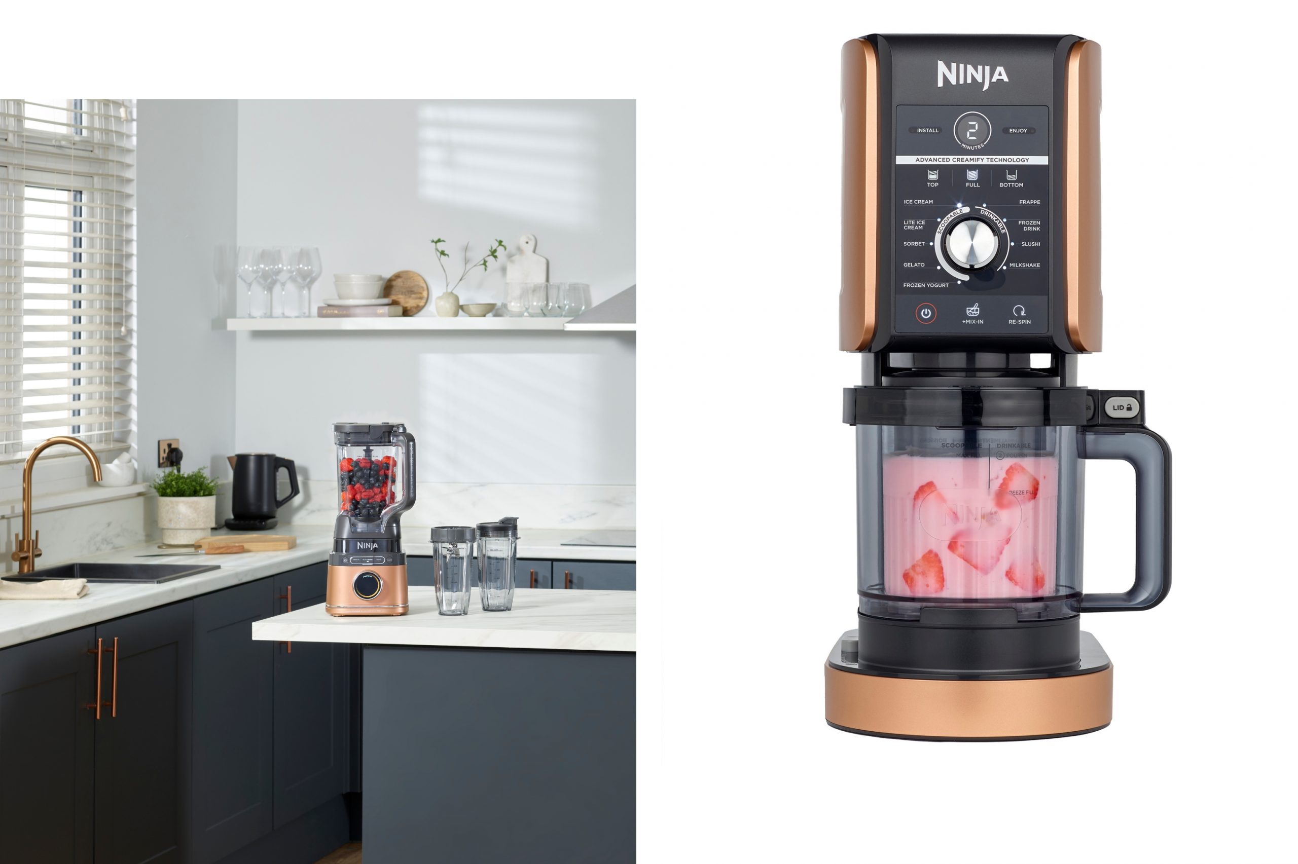 Two images one of a kitchen with a blender on the kitchen island. The other image is of a blender with a plain white background