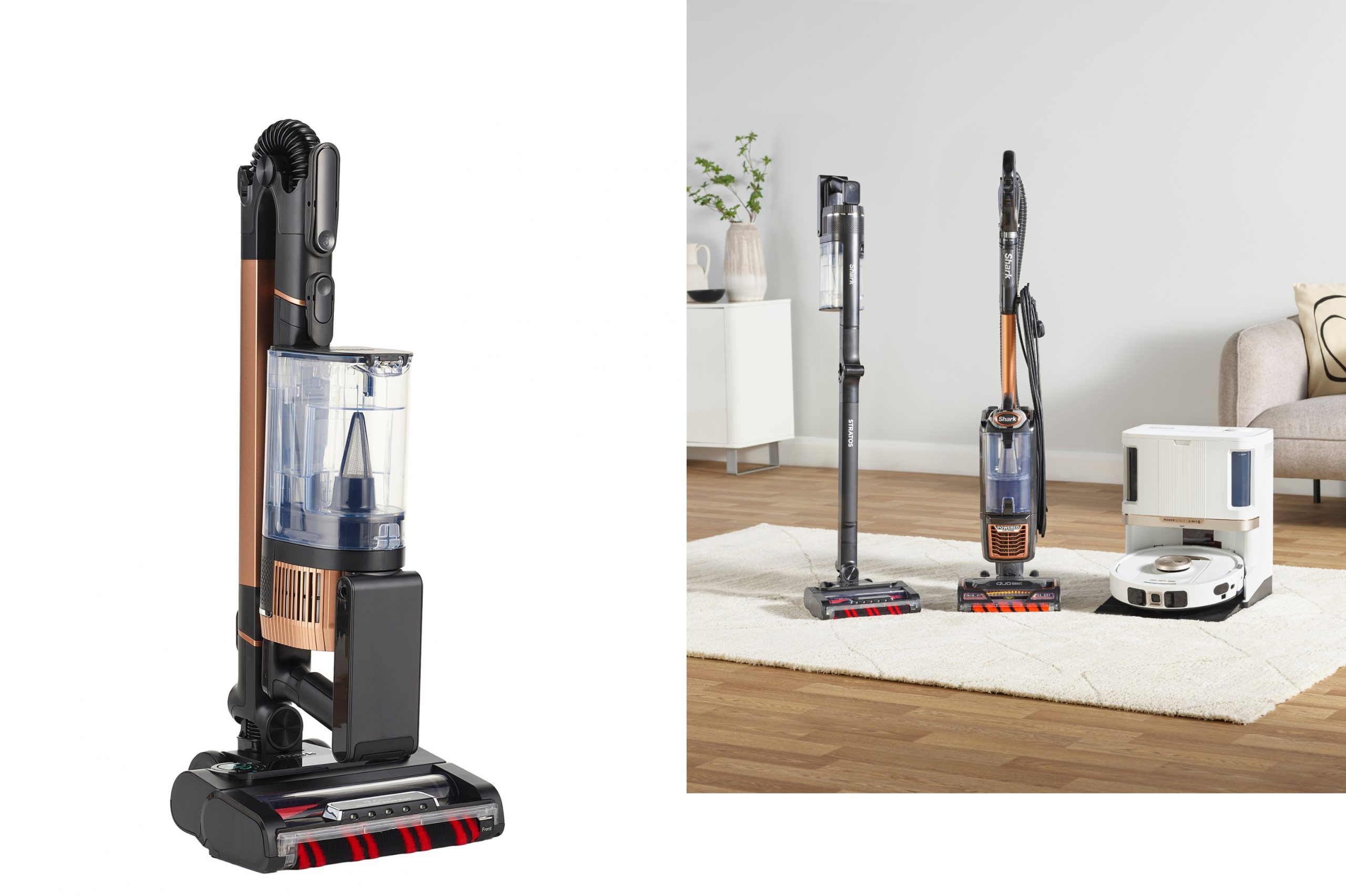 Two images one with a white background and a vacuum cleaner, the other has three vacuum cleaners in a living room