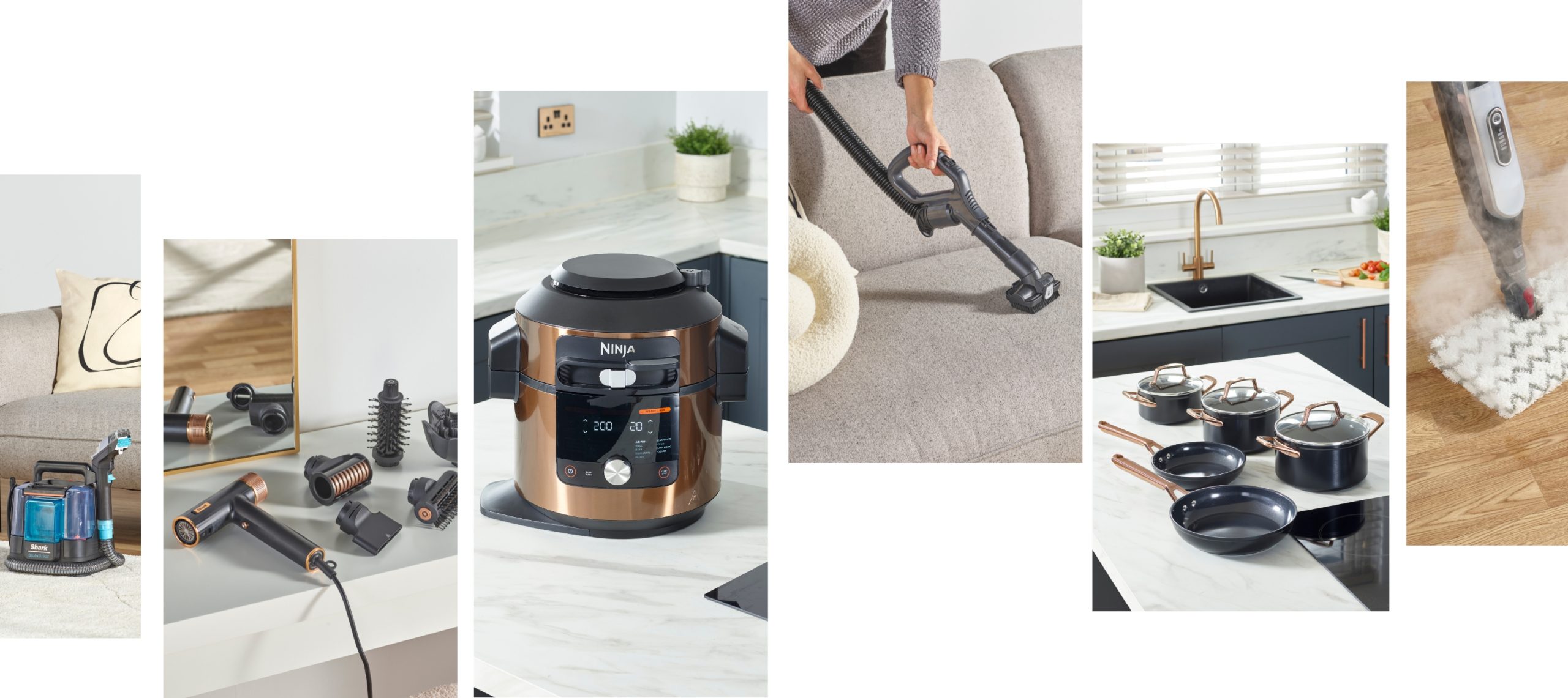 A collage of images including kitchen appliances and homeware electronics.