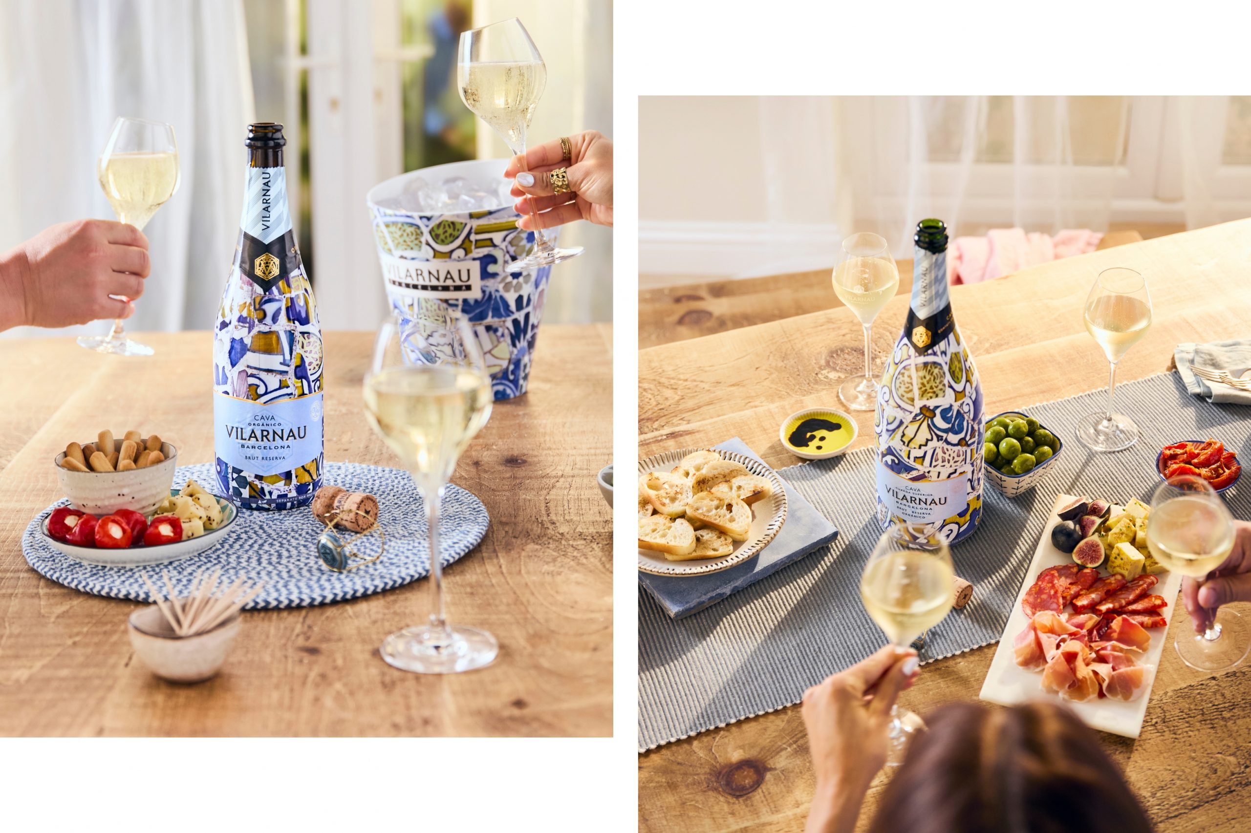 Two photos of Vilarnau bottles with snacks