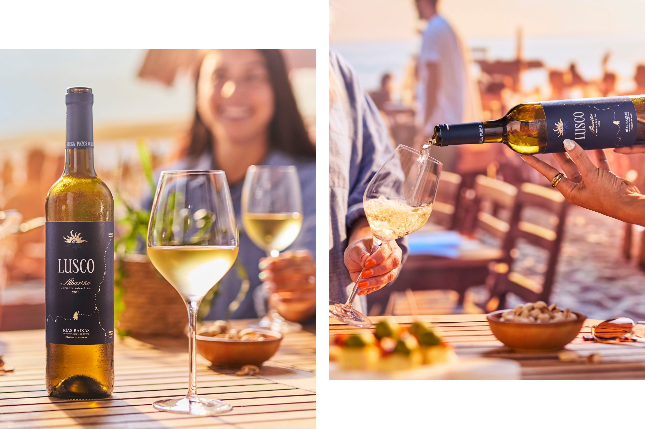 Photos of people drinking lusco wine in front of a beach scene